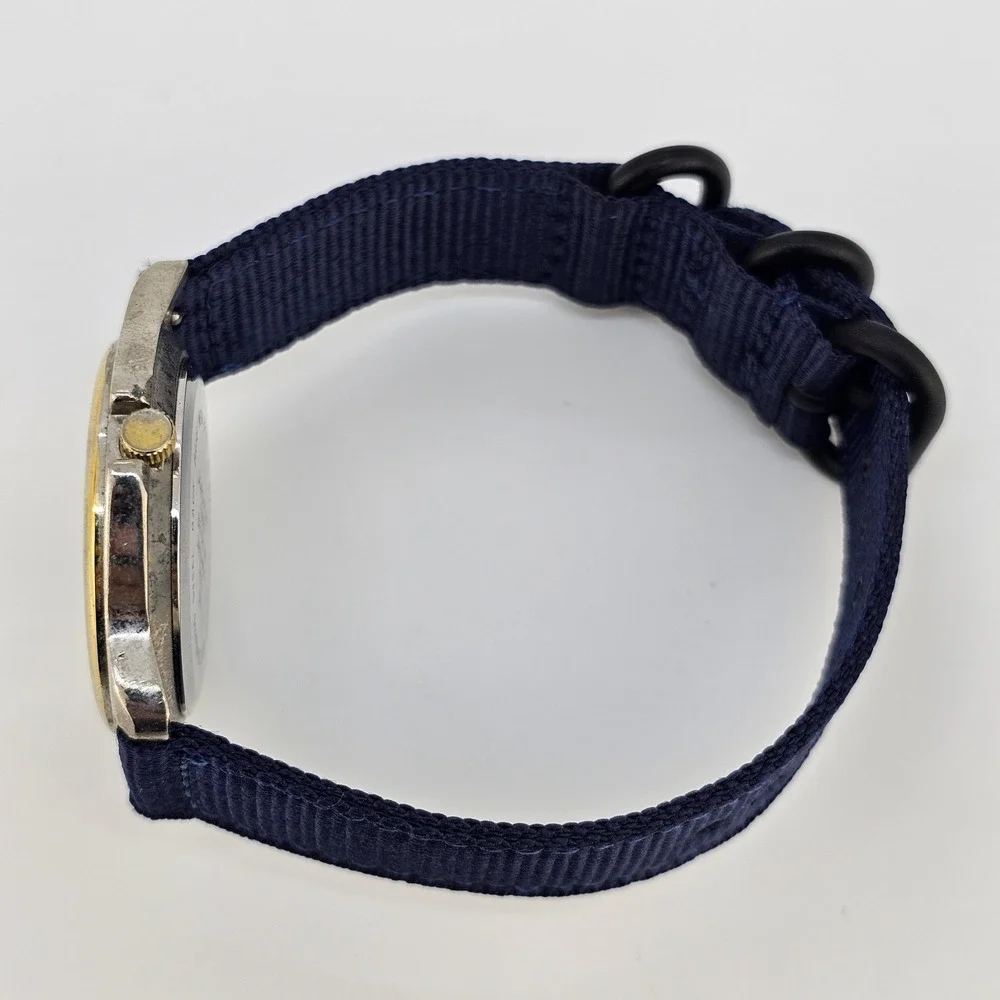 VTG Jordache Unisex‎ Watch 38MM Cream Dial DayDate NEW Blue Nylon Bands Battery